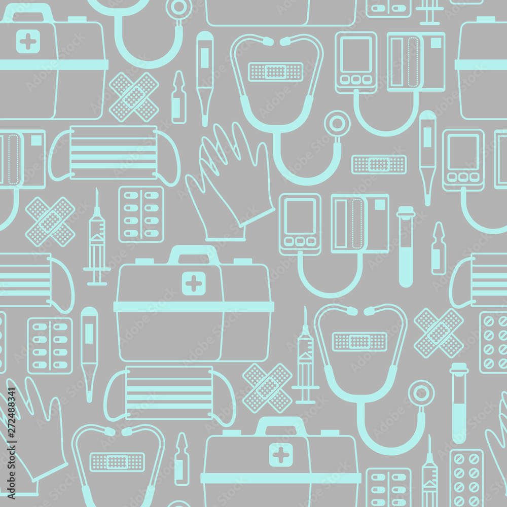 First aid kit equipment seamless pattern. First aid kit equipment seamless pattern.