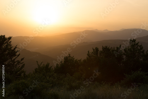 Beautiful landscape in the mountains with the sun at dawn. Mountains at the sunset time. Azerbaijan Caucasus Mountains. Agsu pass. Baskal. Nature