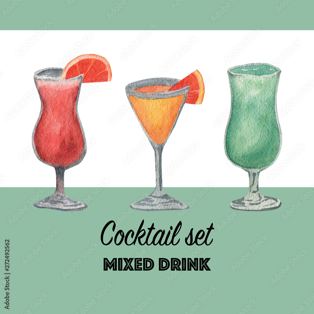 Watercolor set of alcohol cocktails: blue Curacao, Aperol Spritz, Tequila  Sunrise. Isolated, high resolution elements for summer menu, invitations,  vacation design. Stock Illustration | Adobe Stock