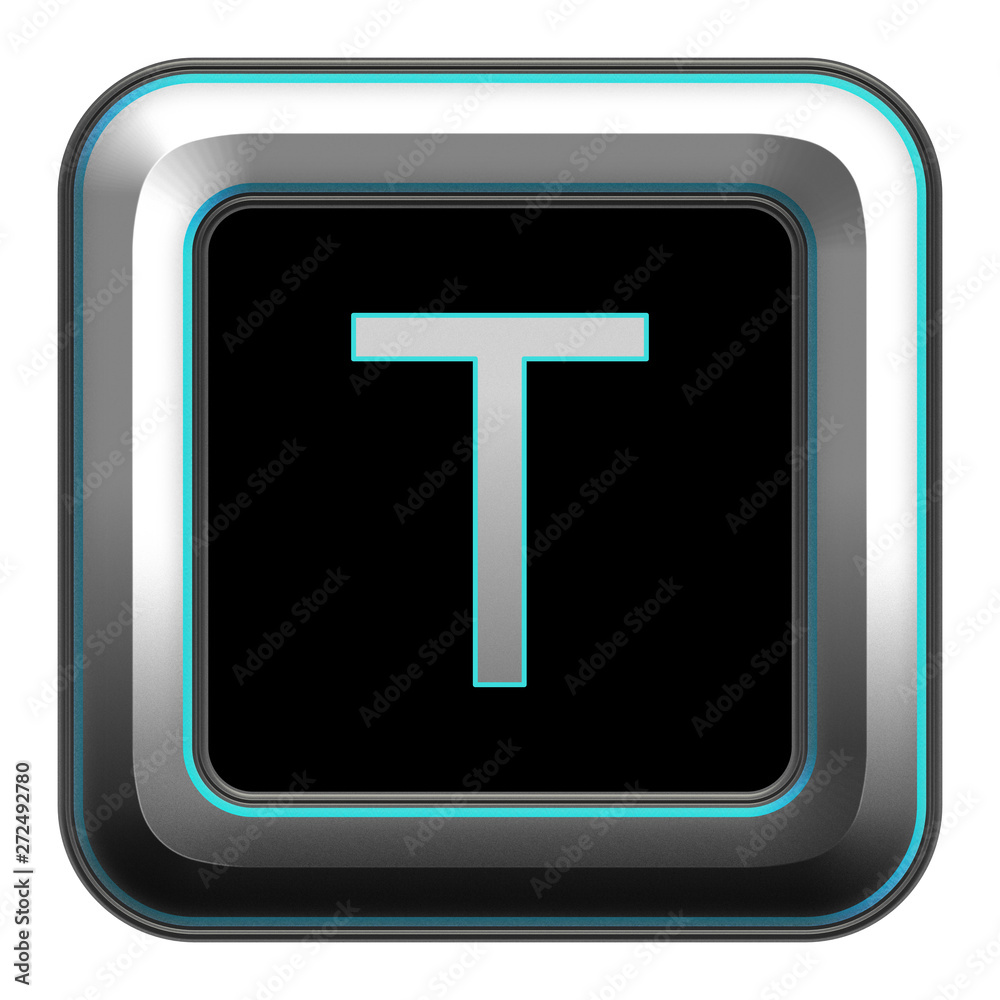 Alphabet icon T, square metallic button Alphabet icon T, square metallic button