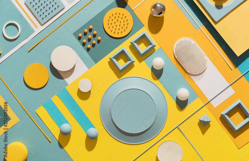 blue/cyan and yellow abstract geometric composition/still life. blue/cyan and yellow abstract geometric composition/still life.
