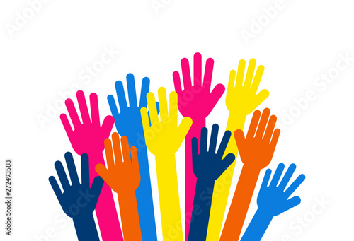 colorful raised hands. Volunteer concept Isolated on white background. Vector Illustration.