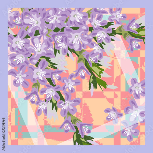 Square flower arrangement. Lilac on  geometric background. Pattern for printing on scarves, postcards, carpets, bandanas, napkins, home textiles. Vector.