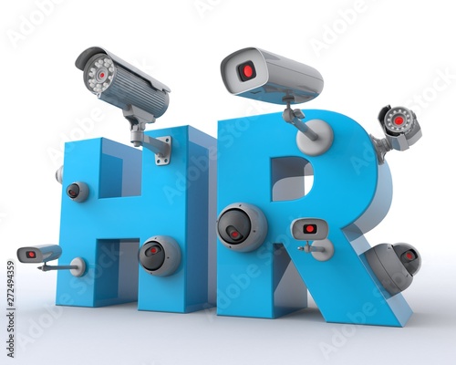 3D illustration of HR text with cctv cameras