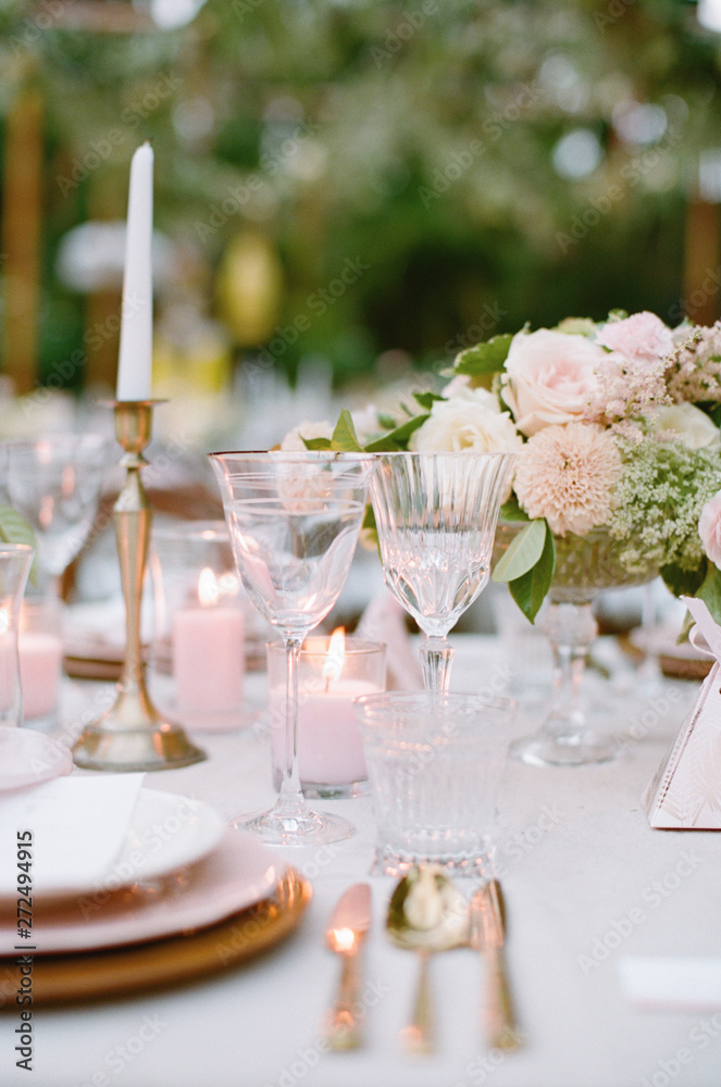 Elegant Outdoor wedding tabletop with florals Elegant Outdoor wedding tabletop with florals