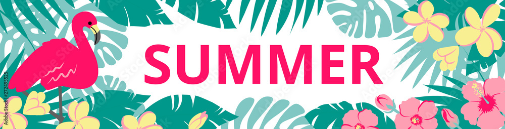 Obraz premium Summer horizontal banner with palm leaves and tropical flowers.