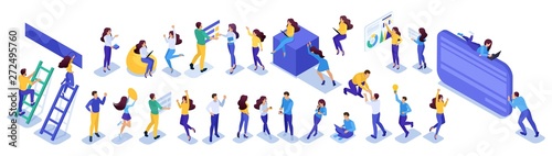 Set of Isometric teenagers, social networking, reviews, likes, messages. For website and mobile application design