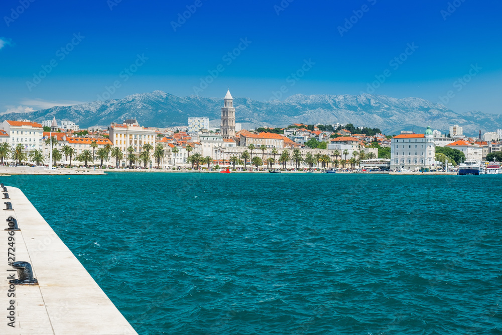     City center, cathedral tower, boats and yachts in marina of Split, Croatia, largest city of the region of Dalmatia and popular touristic destination, beautiful seascape 