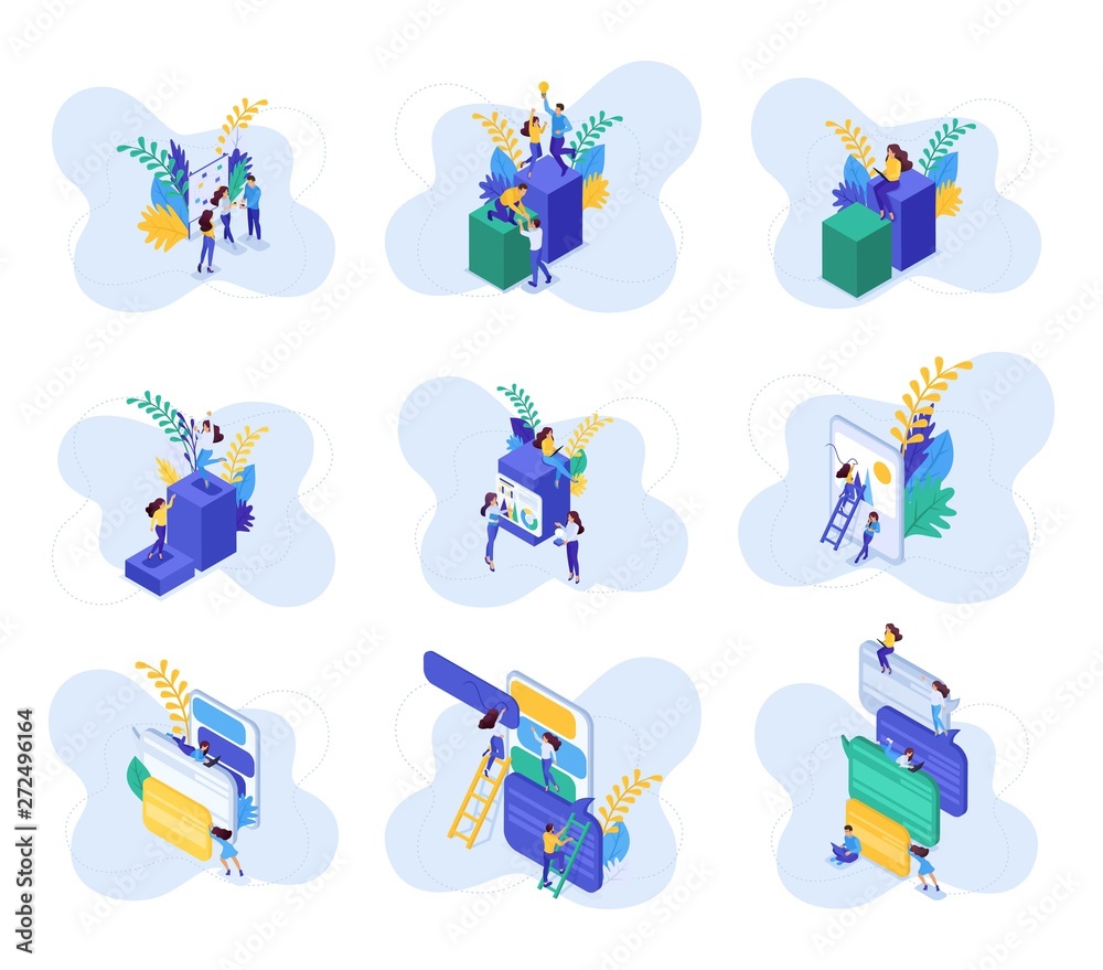 Fototapeta premium Isometric concepts of communication of teenagers in social networks, reviews, likes, messages. For website and mobile application design