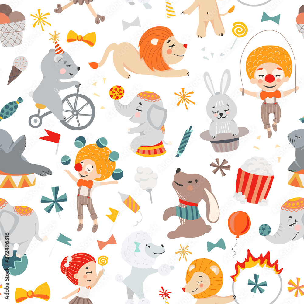 Fototapeta premium Illustrations of funny circus characters. Presentation, show and magic. Template vector graphics. Seamless pattern.