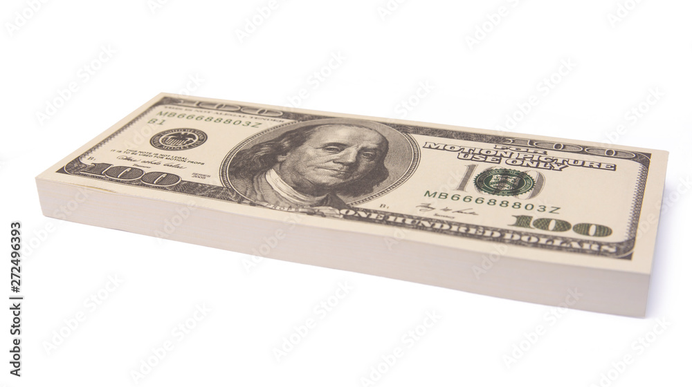 100 US Dollar bills bundles stack isolated on white background with clipping path