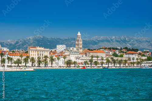     City center  cathedral tower  boats and yachts in marina of Split  Croatia  largest city of the region of Dalmatia and popular touristic destination  beautiful seascape 