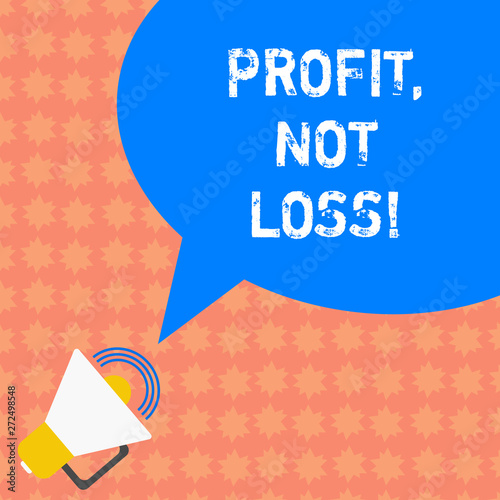 Writing note showing Profit Not Loss. Business photo showcasing Just revenues good economic strategy successful finances Megaphone with Sound Volume Icon and Blank Color Speech Bubble photo