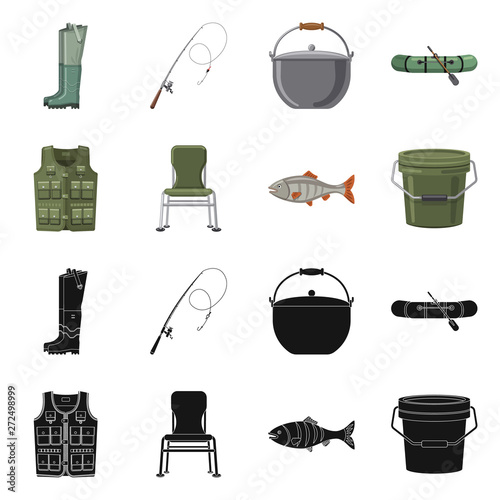 Vector design of fish and fishing logo. Set of fish and equipment vector icon for stock.