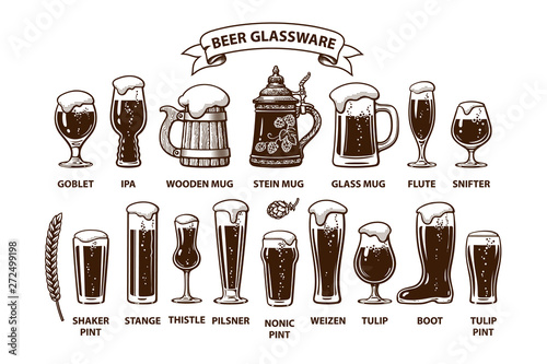 Beer glassware guide. Various types of beer glasses and mugs.. Design elements for brewers festival, bar, pub decoration.