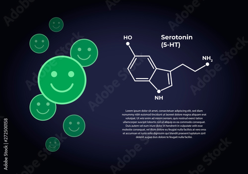 Vector hormones emoji banner template. Seratonin structure with green happy smile faces on dark background. Place holder for text. Design for science, education, presentation.