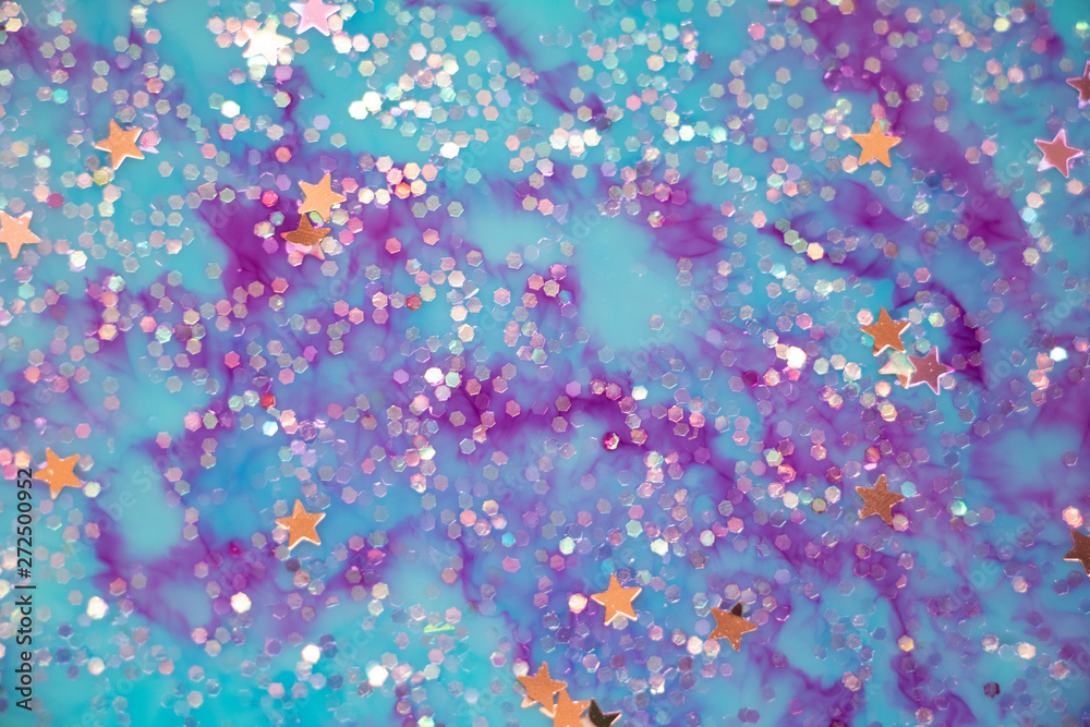 Fototapeta premium Unicorn Dreams Background Texture. Beautiful swirls of purple and tuquoise. Stars and sparkles. Dreams and wishes. All the happy things. Lose yourself inside the fantasy.