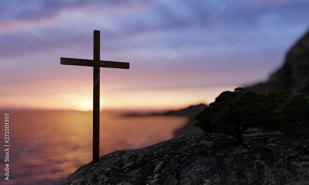 Concept or conceptual religious christian cross standing on rock in the sea or ocean over beautiful sunset sky. A background for faith, religion belief, Jesus Christ, spiritual church 3D illustration