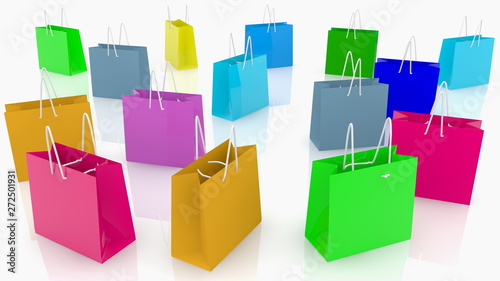 Randomly stacked colorful shopping bags on white background