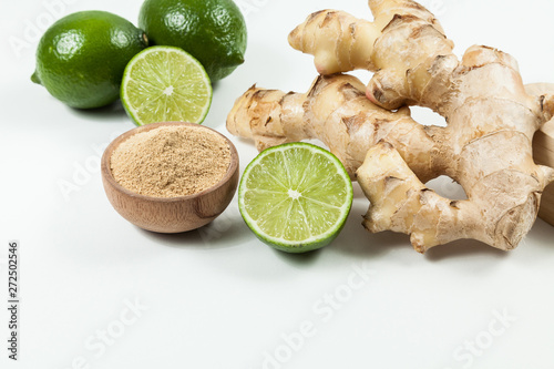 Ginger and lemons root; photo on neutral background
