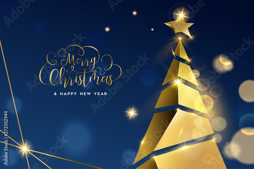 Christmas and New Year gold 3D pine tree card