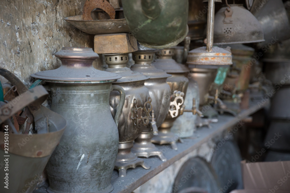 Coppersmith workshop and hand made copper things, Lahich, Azerbaijan. Interior of coppersmith workshop in the village. Coppersmith workshop and hand made copper things, Lahich, Azerbaijan. Interior of coppersmith workshop in the village.