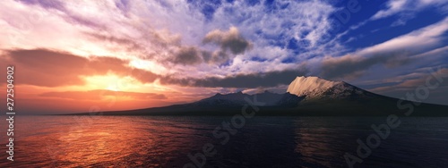 panorama of sea sunset over the island, panorama of ocean sunrise, mountains and sea