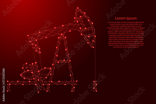 Oil pump from futuristic polygonal red lines and glowing stars for banner, poster, greeting card. Vector illustration.