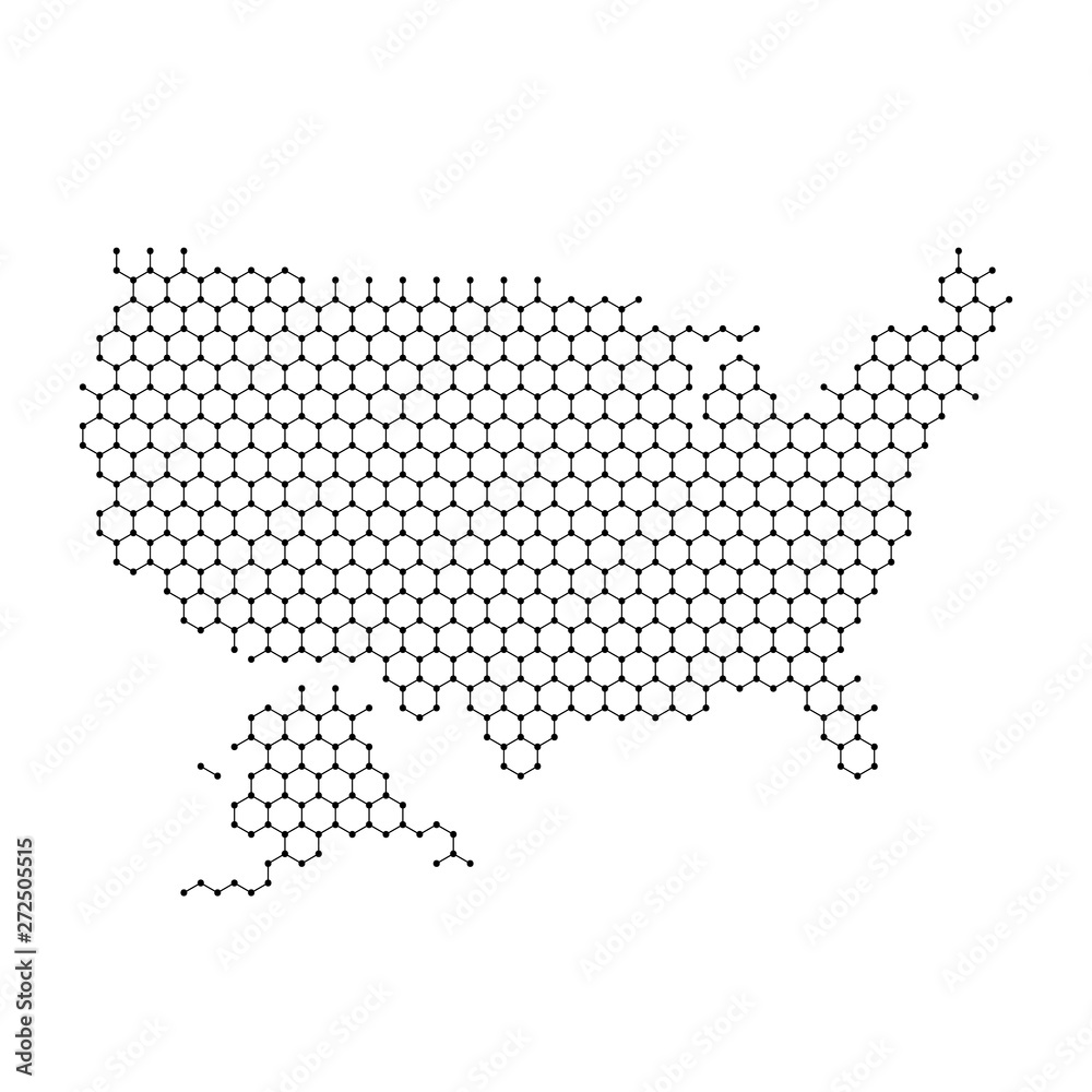 United States of America map from abstract futuristic hexagonal shapes, lines, points black, in the form of honeycomb molecular structure. Vector illustration.