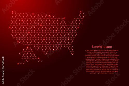 United States of America map from futuristic hexagonal shapes, lines, points red and glowing stars in nodes, form of honeycomb or molecular structure for banner, poster. Vector illustration.
