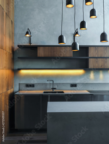 Gray and wood interior of kitchen