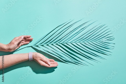 Palm leaf and female hands on a blue background with copy space. photo