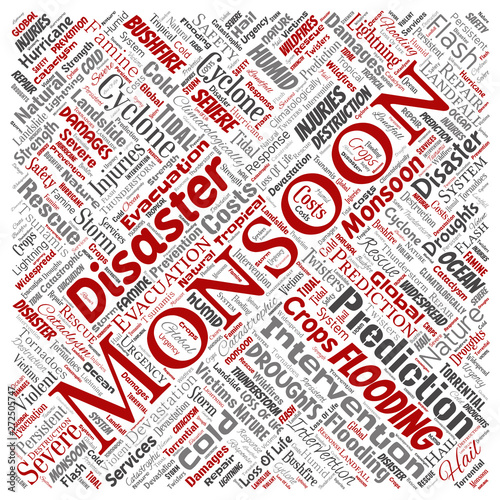 Vector conceptual monsoon dangerous weather square red meteorology word cloud isolated background. Collage of tropical dramatic storm force, strong wind blowing, rain hail thunderstorm concept design