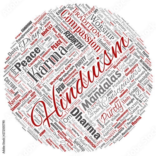Vector conceptual hinduism, shiva, rama, yoga round circle red word cloud isolated background. Collage of mandalas, samsara, celebration, tradition, peace, compassion, rebirth, karma, dharma concept