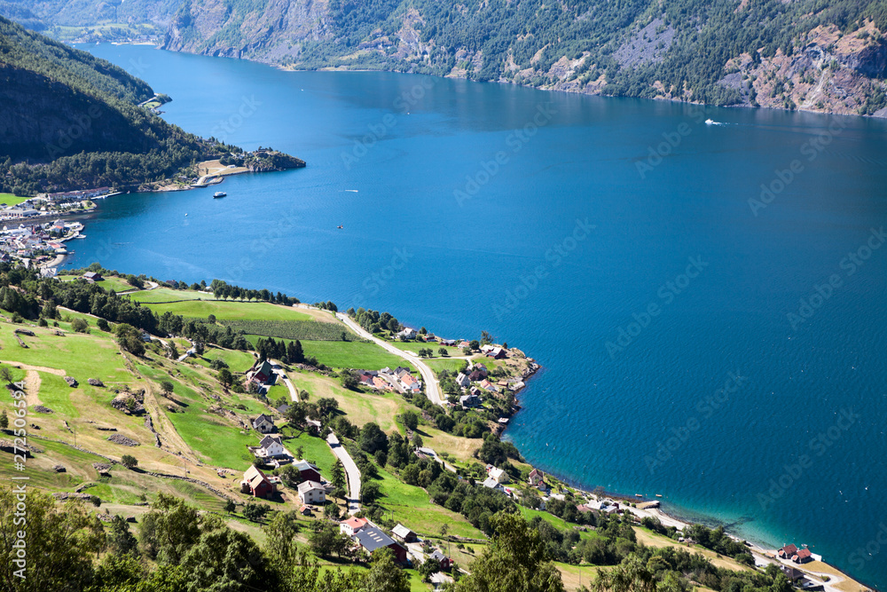 Aurlandsfjord long fjord in Sogn og Fjordane county with village Aurlandsvangen. Norway. Seen from Stegastein, route E16