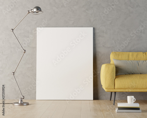 Fototapeta Naklejka Na Ścianę i Meble -  Blank canvas mockup against grey wall, 3d render illustration.