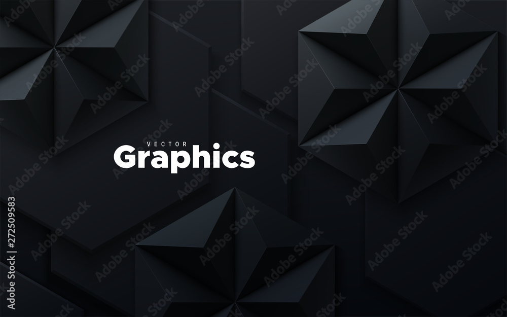 Abstract geometric background. Vector 3d illustration. Triangle or pyramid black shapes. Polygonal tiles backdrop. Minimal cover design. Futuristic elements for design. Hex geometry pattern