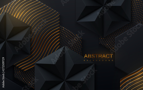 Abstract geometric background. Vector 3d illustration. Hex and pyramid black shapes. Polygonal tiles with golden wavy pattern and glitters. Minimal cover design. Futuristic design element.