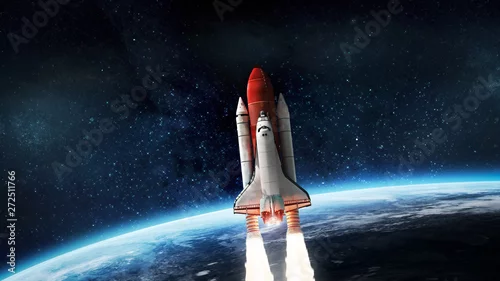 Obraz Start promu kosmicznego w kosmosie z Ziemi. Rakieta na orbicie planety. Elementy tego obrazu dostarczone przez NASA