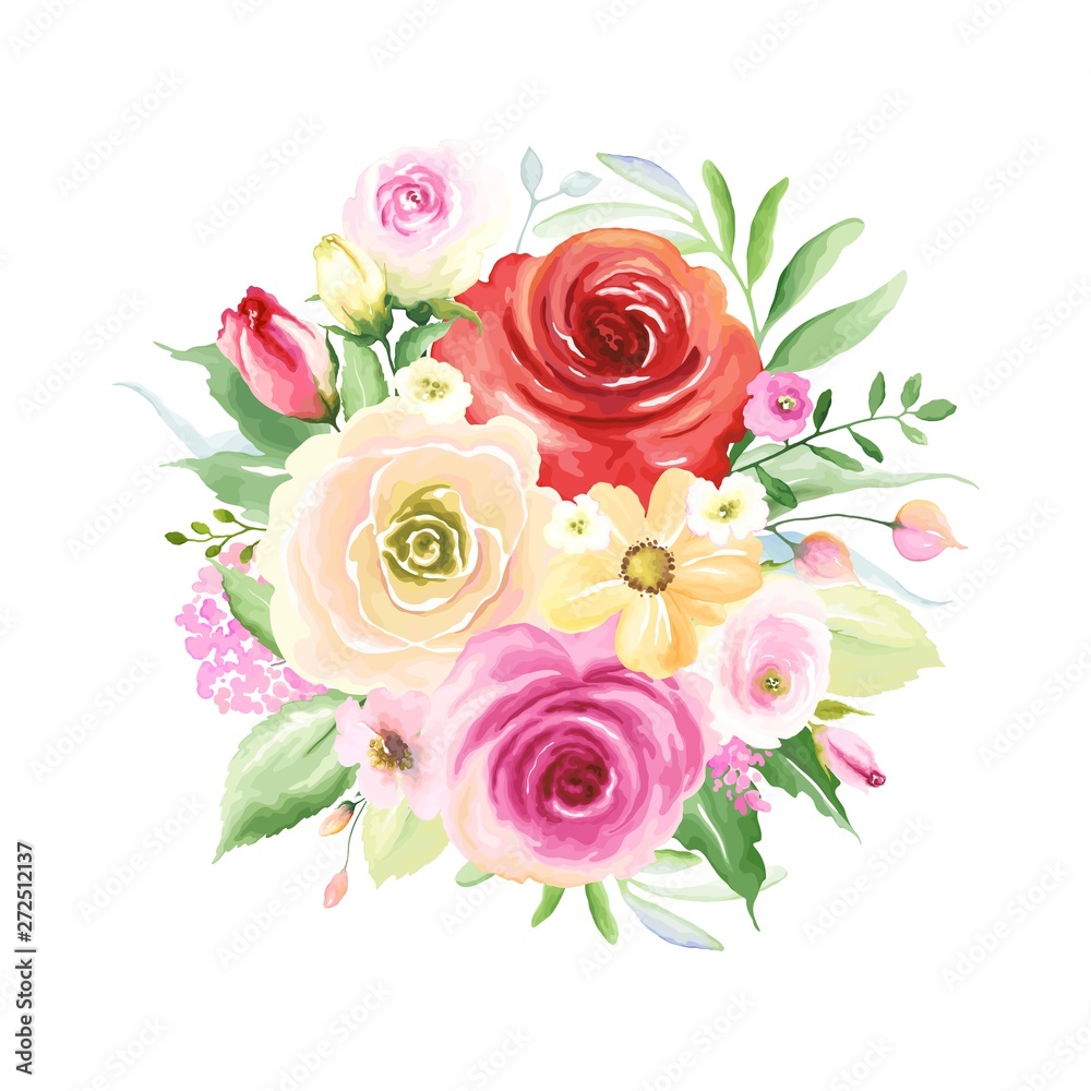 Floral decor with colorful roses, buds and green leaves, round bouquet for your design. Vector illustration in vintage watercolor style.