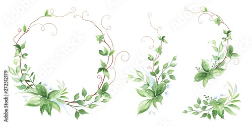 Floral greenery set of decors with green leaves and branches. Vector illustration in watercolor style for your design. Nature template for invitation card.