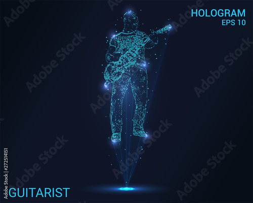 The hologram guitarist. Holographic projection guitarist. Flickering energy flux of particles. Scientific music design.