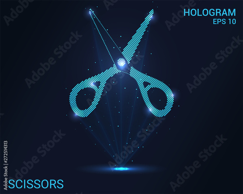 The hologram is a pair of scissors. Holographic projection of scissors. Flickering energy flux of particles