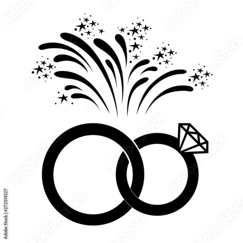 Marriage or engagement celebration icon. Bridal rings and fireworks. Vector Illustration 