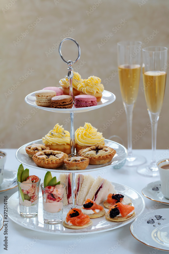 Christmas afternoon tea with turkey and cranberry sandwiches, crayfish cocktails, salmon bilinis, mince pies, cupcakes and macaroons