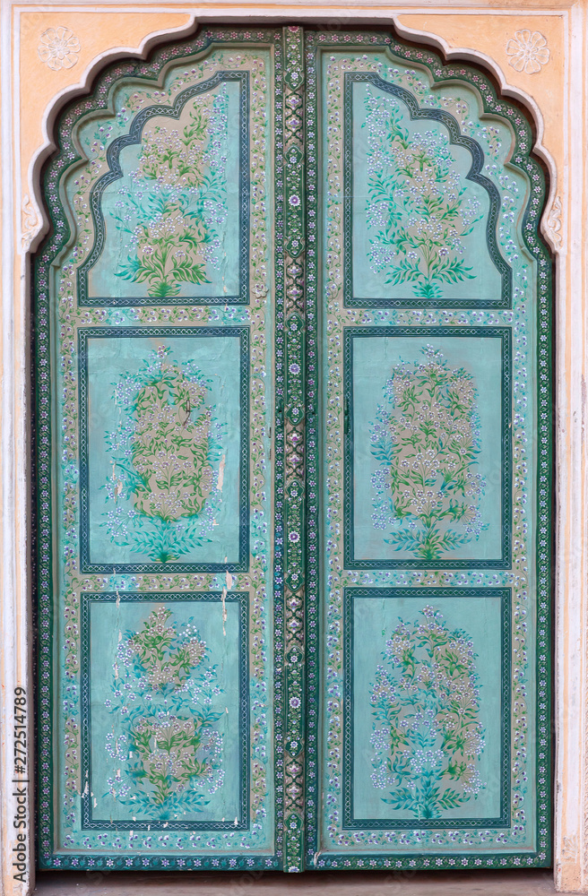 Ancient green doorway in Hawa Mahal palace in Jaipur, India