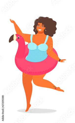 Summer background vector with a girl in a bathing suit with rubber ring for swimming. Cute vector illustration in flat style isolated on white background.