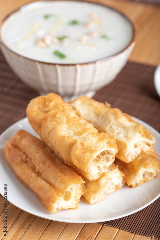 chinese bread stick with congee, chay quay