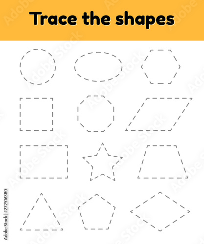 vector illustration. Educational tracing worksheet for kids kindergarten, preschool and school age. Trace the geometric shape.  Dashed lines.