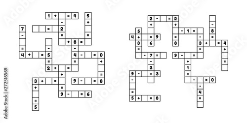 Set math educational game for preschool and school age children. Vector illustration. Solve the crossword. Numbers. Addition and subtraction. Puzzle page.